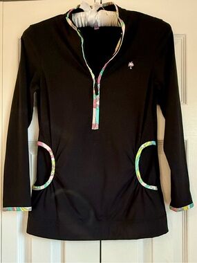 Lilly Pulitzer Black Athletic 3/4 Zip  Jacket with Multicolor Trim XS